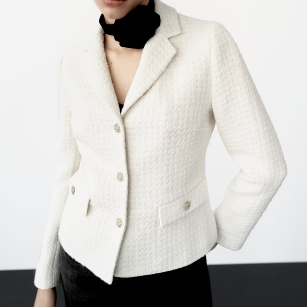 NWT Zara Cream Wool Blend Tweed Texture Blazer Boucle Rhinestone Buttons Sz L - Picture 2 of 15